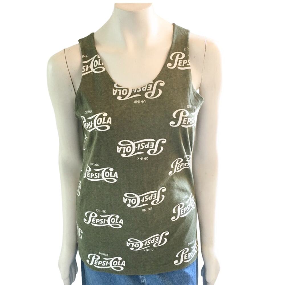 PEPSI COLA Logo Graphic Burnout Tank Top in Army Green & White SZ M